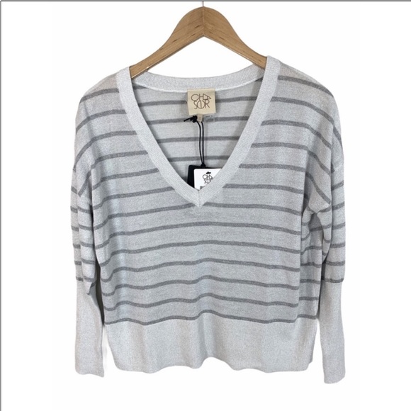 women’s CHASER Lurex Striped Grey White V Neck Sweater Top Sparkle Medium Crop - Picture 3 of 9
